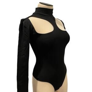 We Wore What Revolve Bodysuit Women XS Black Mock Neck Cut out